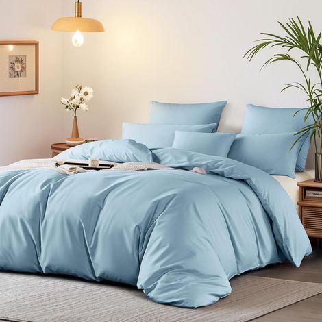 Bettwäsche 200x200 cm Baumwolle Mako Satin Hellblau Öko-Tex mit 2 Kissenbezügen 80x80