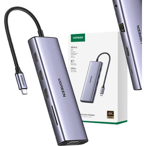 Adaptador UGREEN USB-C 10 en 1 a USB-A/HDMI/VGA/RJ45/SD7TF/AUX 3,5 mm/PD (1/5)