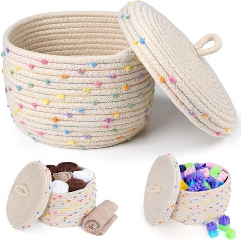 Bardusch-Panier avec couvercle en corde de coton tissé, crème à points colorés, 16 x 25 cm, pour jouets ou plantes (1/4)