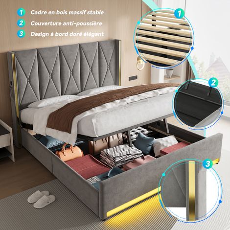 Lit coffre en velours 180x200 cm avec tête de lit capitonnée, ports USB (1/5)