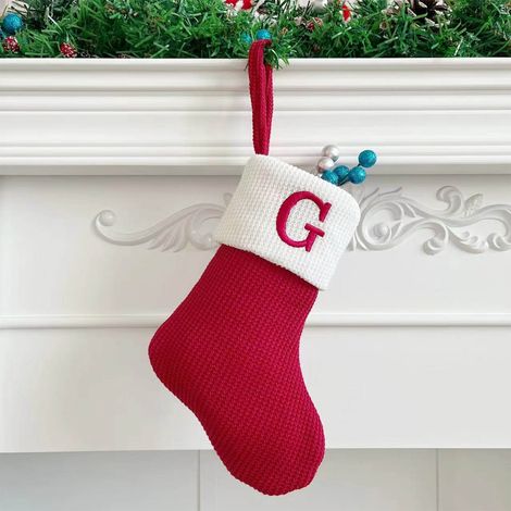 Chaussette De Noël - Tricotée En Laine - Initiale Brodée - Pour Décoration De Sapin Ou Cheminée - 18 X 14 Cm - 1 Pièce (1/5)