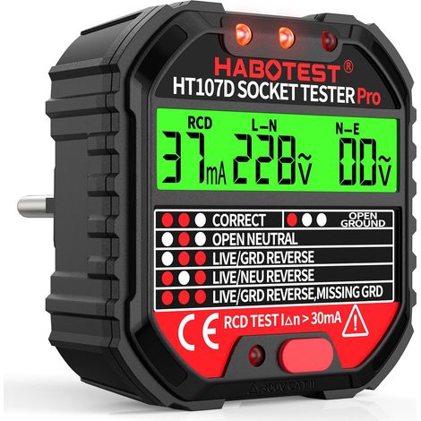 Steckdosentester, automatischer Stromkreistester, Polaritätsspannungsprüfer 90-250 V/45-65 Hz, 6 Arten der Fehlerdiagnose, RCD-Test/Spannungsanzeige