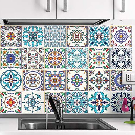 (24 pièces) Stickers Carrelage Adhésif 15x15 cm - Sticker Autocollant Carreaux de ciment – Décoration Murale Stickers Carrelage pour Salle de Bain et Cuisine - Carreaux de ciment adhésif mural (1/4)