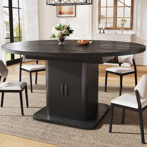 Table à manger extensible 110-150x110x75 cm, table de cuisine avec rangement, portes coulissantes, étagère amovible, MDF, noir (1/5)