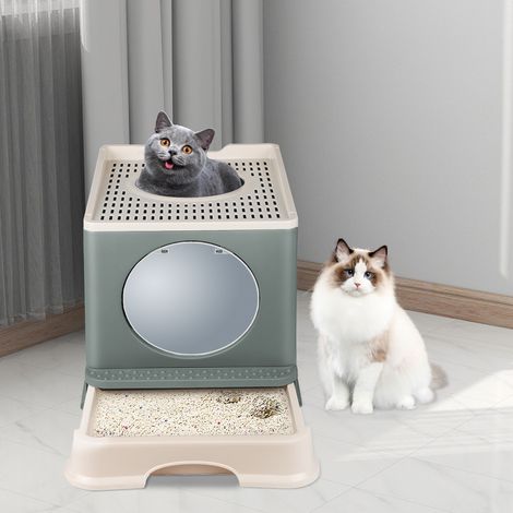 Skecten Arenero Gatos, Caja de Arena Cerrada, Caja de Arena para Gatos Grande y Plegable con Bandeja Extraible y Pala 48 x 39 x 34 cm Gris