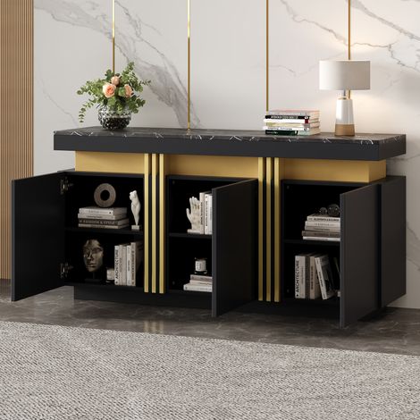 Buffet noir moderne 140x38x70 cm 3 portes séparateurs réglables sans poignée pour cuisine salon salle à manger couloir noir et or.