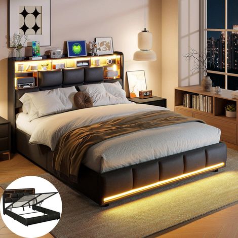 Lit 160x200 avec sommier, lit double avec tête de lit LED et USB, lit coffre avec rangement,lits et cadre de lit pour adulte,PU Noir (1/5)