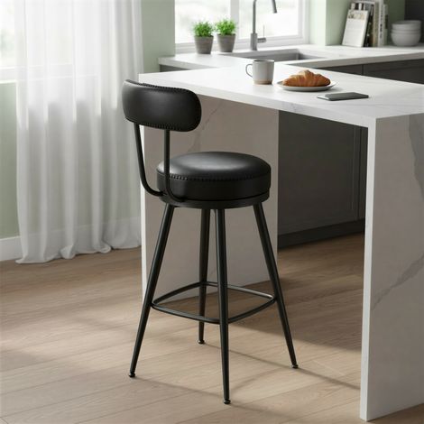 Lot de 2 Chaises de Bar, Tabourets Rembourrés en PU, Style Mi-siècle, pour Cuisine ou Bar, 65 cm, Noir (1/5)
