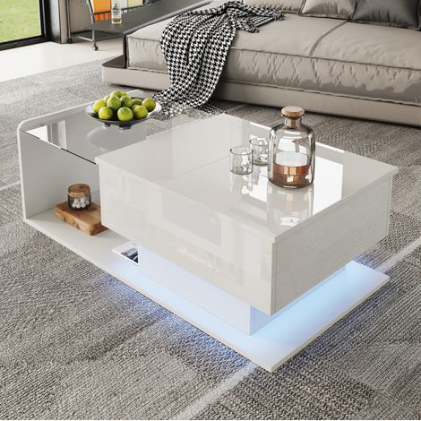 Mesa de centro 100x50x33/47.5 cm blanca en aglomerado con vidrio templado, altura regulable, LED y almacenaje (1/5)