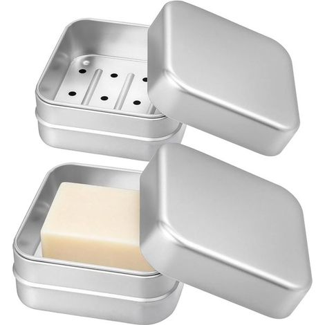Jabonera cuadrada de aluminio, Jabonera drenaje automático orificios desagüe, Soporte jabón baño duradero, Metal inoxidable, Plateado, 2 piezas (1/3)
