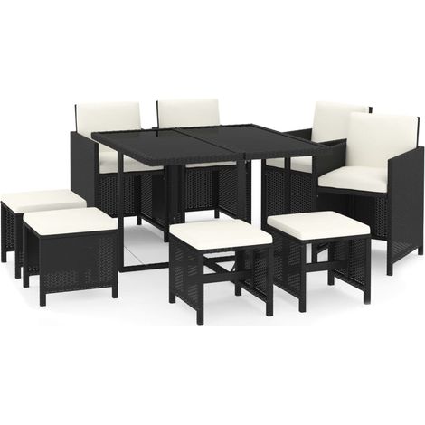vidaXL 9 Piece Garden Dining Set with Cushions Poly Rattan Black