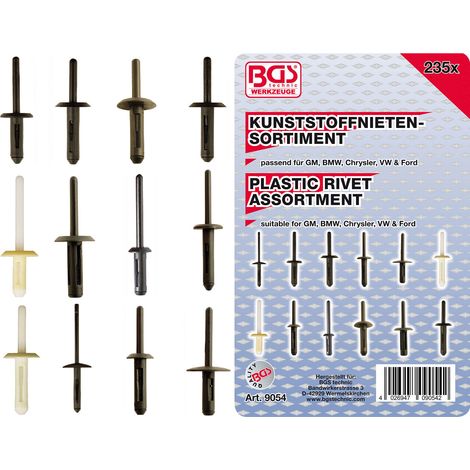 BGS Surtido de remaches de plástico para GM / BMW / Chrysler / VW / Ford 235 pzs. - 9054 (1/4)