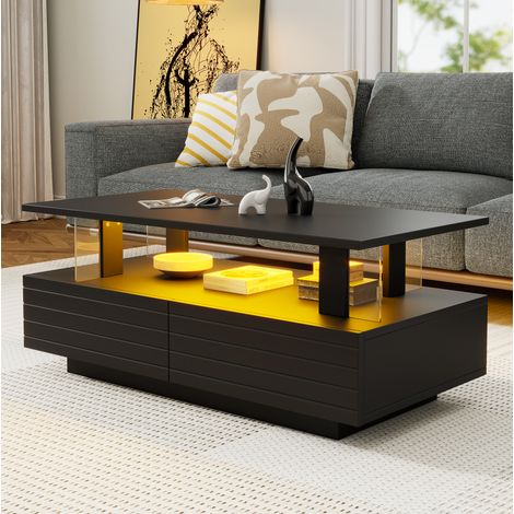 Table basse LED 100x50x42 cm noire en acrylique avec rangements et éclairage connecté (1/5)