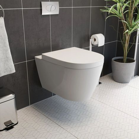 Wall Hung Rimless Toilet Bathroom Modern Pan Round WC & Soft Close Seat White (1/5)