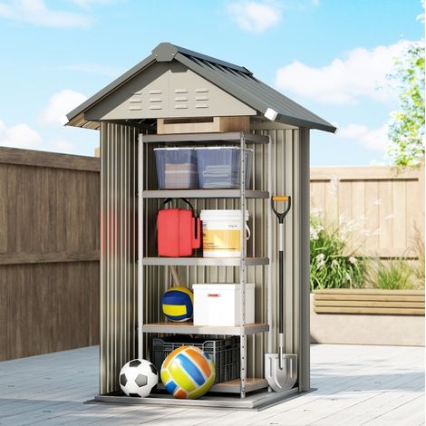Abri de jardin en métal 122 x 121 x 192 cm avec ventilation, serrure et gants, gris clair HAVRYA (1/3)