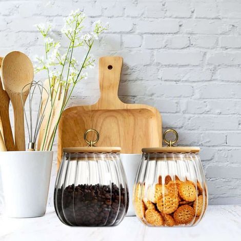 Lot de 2 bocaux de rangement hermétiques en verre pour thé, café, sucre - Boîtes de rangement de cuisine - 750 ml (2 ovales) (1/5)