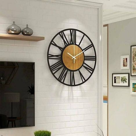 Le café - 40 cm Grande Horloge Murale Ronde en Bois Noir pour décoration de Salon, Chiffres Romains rétro, silencieuse, ne chatouille Pas, Convient p