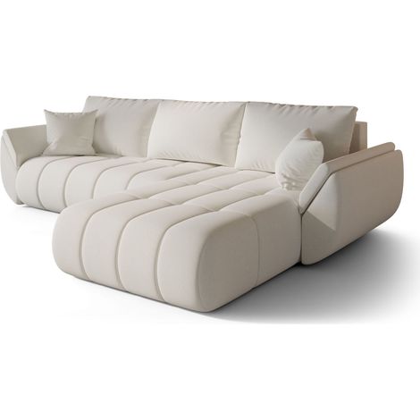 Canapé d’angle velours chenille convertible avec coffre ARCO angle droit-Blanc cassé-angle droit (1/5)