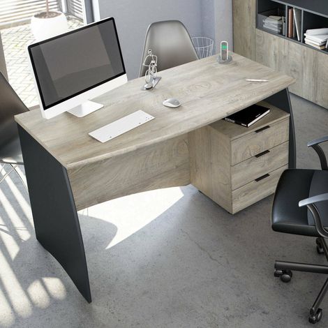 Dmora - Escritorio Davell, Escritorio de oficina, Mesa de estudio porta pc con 3 cajones, 136x67h74 cm, Roble y Antracita (1/5)
