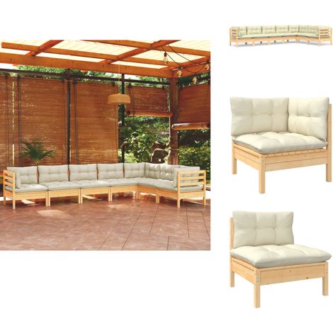 7-tlg. Garten-Lounge-Set mit Creme Kissen Massivholz Kiefer - Gartenzubehör - Lounge Set - Gartenmöbel - Esszimmergarnitur - Outdoor Möbel (1/5)