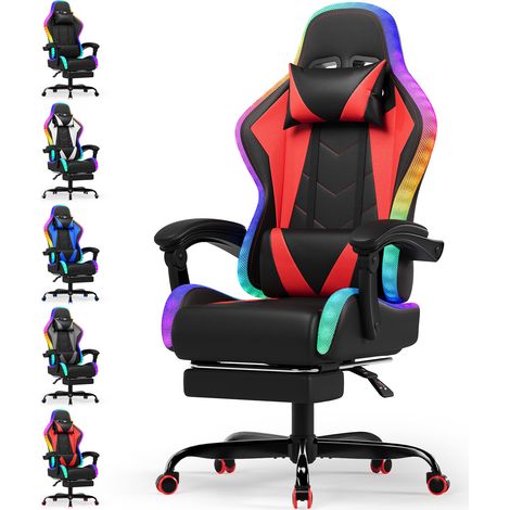 Chaise Gaming Ergonomique avec LED RGB , Massage Lombaire & Repose-Pieds – Fauteuil Gamer avec Appui-tête réglable – Dossier inclinable & Hauteur Ajustable –180kg-Rouge
