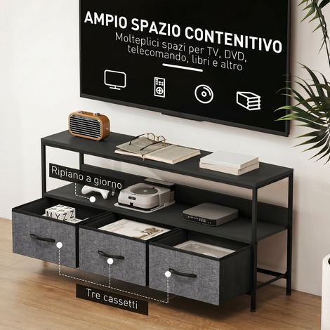 Mobile Porta TV da 55" con Cassetti Pieghevoli in Tessuto e Mensola in Metallo e MDF, 120x29x56cm, Nero (1/5)