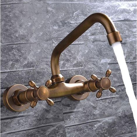 robinet De Lavabo Mural Dans Le Mur Robinet Antique Chaud Et Froid Tout En Cuivre (1/5)