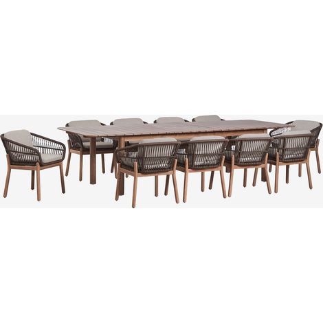 SKLUM Set aus rechteckigem Tisch 250-310x105 cm ausziehbar Duala und 10 Gartenstühle aus Akazienholz und geflochtener Schnur Karvia Akazie Braun
