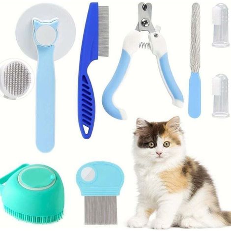 Ensemble de toilettage multi-usages bleu 8 pièces pour animaux de compagnie, (1/4)