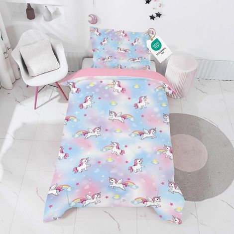 Kinder Bettwäsche 135x200 2-teilig Einhorn Rosa-Blau Mikrofaser OEKO-TEX
