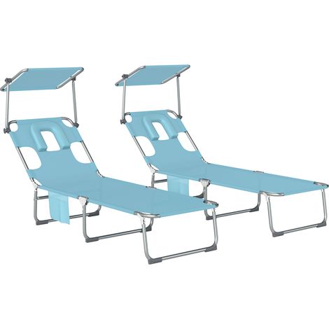 Set aus 2 faltbaren Liegestühlen mit 360°-Sonnendach, Gesichtsöffnung, Seitentasche und 550 g/m² Textilene, Blau
