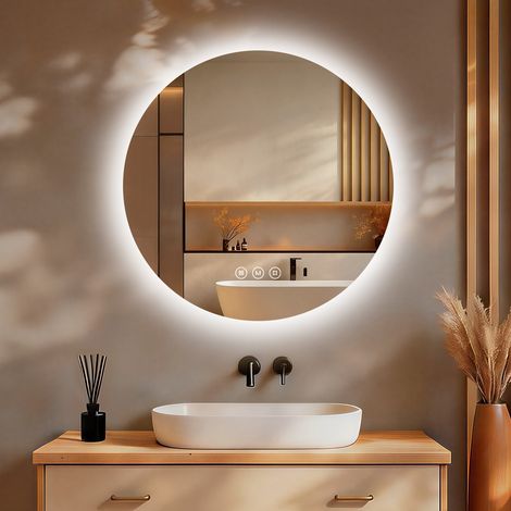 Miroir salle de bain LED rond 50 cm, antibuée, variateur tactile, 3 températures, IP65 (1/5)
