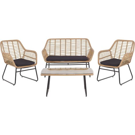Beliani – Salon de jardin 4 places – Canapé 2 places, 2 fauteuils, table basse – Rotin beige et acier noir – Confort optimal pour extérieur