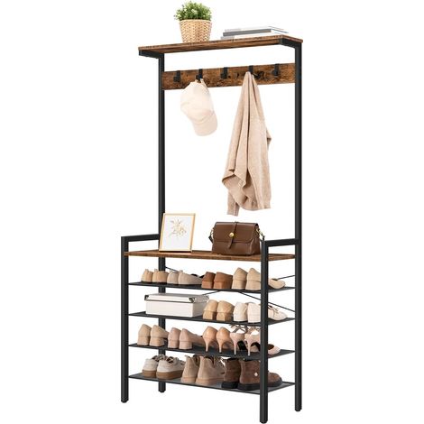 Coat Stand, Coat Rack with Shoe Storage, Industrial Hall Tree, Large Hall Stand, 5 Removable Hooks, Wood Accent Top Shelf, Entryway Storage Shelf, Metal Frame, HOOBRO EBF74MT01