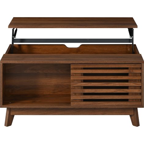 Mesa de centro elevable con puerta corredera de lamas, MDF efecto nogal, 90 x 55 cm (1/5)