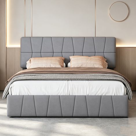 Lit double 160x200 cm avec 4 tiroirs, Cadre métallique en velours, sommier à lattes, adapté aux adultes et adolescents, Gris (1/5)