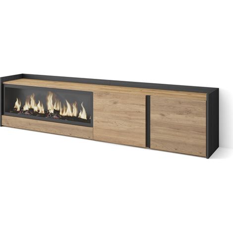 Skraut Home - Mueble TV, Televisión, Muebles de salón, almacenaje, 212x35x50cm, Para TV hasta 80", Chimenea eléctrica XXL, Estilo Moderno, Roble y negro (1/5)