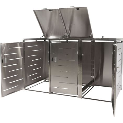 3x copribidoni box spazzatura rifiuti HHG-809 80x197x116,5cm, acciaio inox
