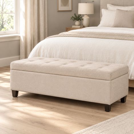 Banco baúl tapizado 125/49/41,5 cm beige, con acabado efecto lino (1/5)