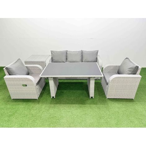 Fimous Outdoor Rattan Garden Furniture Dining Set 5-seater Patio Rectangular Table 3 Seater Sofa Reclining Chair Set with Side Table (1/4)