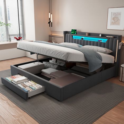Cama con canapé 180x200 cm, cama con almacenamiento hidráulico, cabecero con estante, iluminación LED táctil y cajón, en terciopelo gris oscuro (1/5)