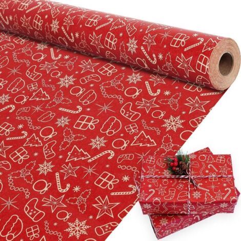 Rouleau de papier cadeau de Noël, idéal pour les fêtes, papier cadeau avec motifs de bonnet de Père Noël et de sapin de Noël, 43 x 300 cm. (1/5)