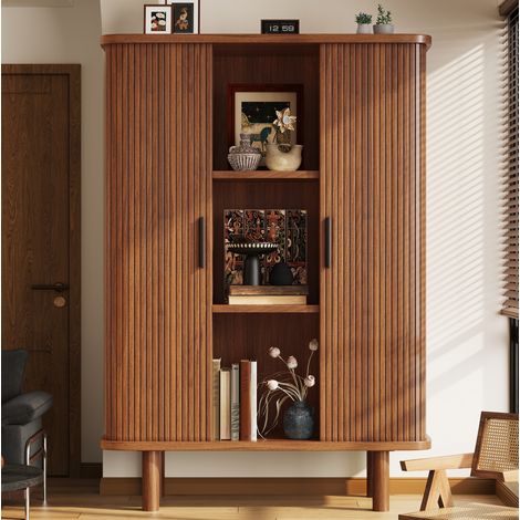 MODFU – Armoire 110x40x160 cm – Porte volet roulant – Étagères réglables – MDF – Marron foncé (1/5)