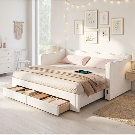 Lit enfant 90x200 cm - Lit banquette extensible - Avec 2 tiroirs - Avec USB et Type C - En velours - Beige (1/5)