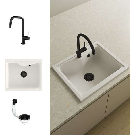 Pack Evier 1 bac POALGI City Snow + mitigeur avec douchette + bonde noire
