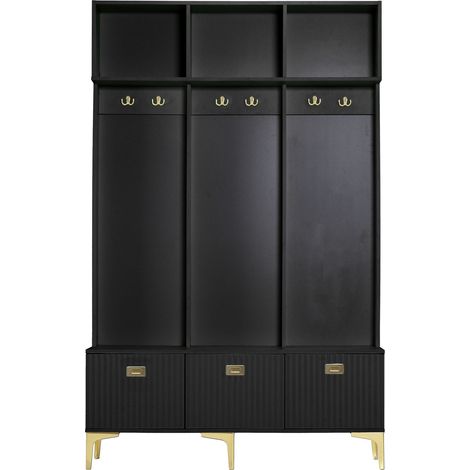 Flurgarderobe mit Sitzbank, schwarz, 120 x 23,5 x 191,5 cm, 6 goldene Haken (1/5)