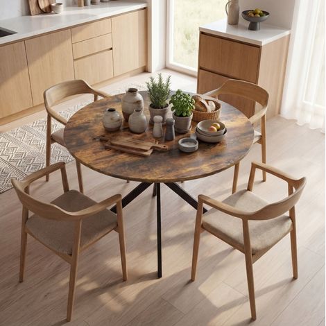 Mesa de comedor redonda 100x100x75 cm de madera marrón para 4 personas, estilo industrial (1/5)