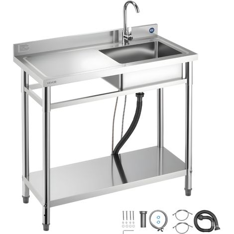 VEVOR Evier cuisine utilitaire en acier inoxydable, evier professionnel autoportant a cuve unique droite, avec robinet, tuyau deeau chaude et froide pour garage, restaurant, buanderie, 100x50x94 cm