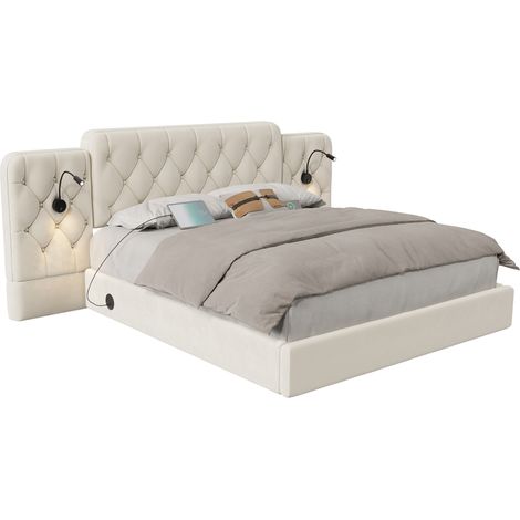 Doppelbett mit Stauraum, USB und Leselampen 160 x 200 cm, ohne Matratze, Beige (1/5)