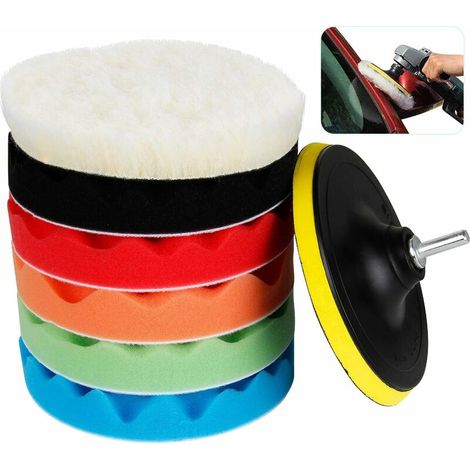 Car Polishing Sponge, Car Polishing Pad Set 6 Inch Sponge and Wool Polishing Pad Drill Polishing Set for Grinding Machine Polishing Machine 7 Pack (1/5)